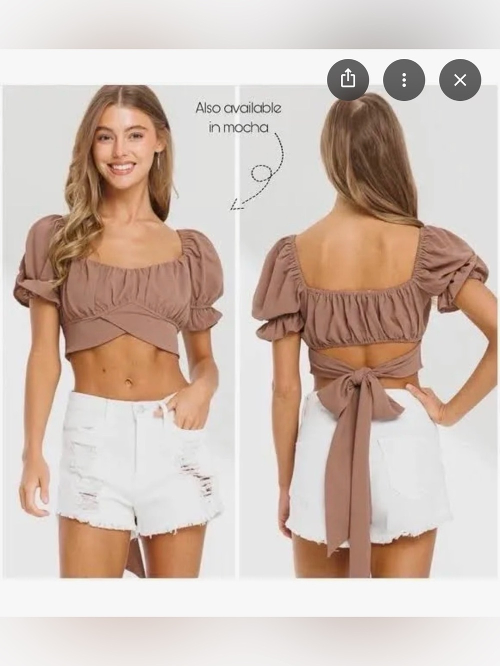 NWT Small Better Be Mocha Bubble Crepe Tied Hem Puff Sleeve Crop Top Iced Coffee